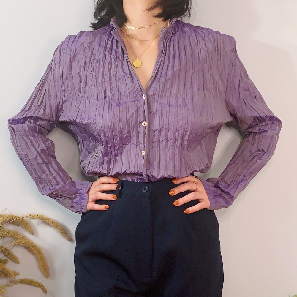 Lavender Plisse Long Sleeve Button Down Medium